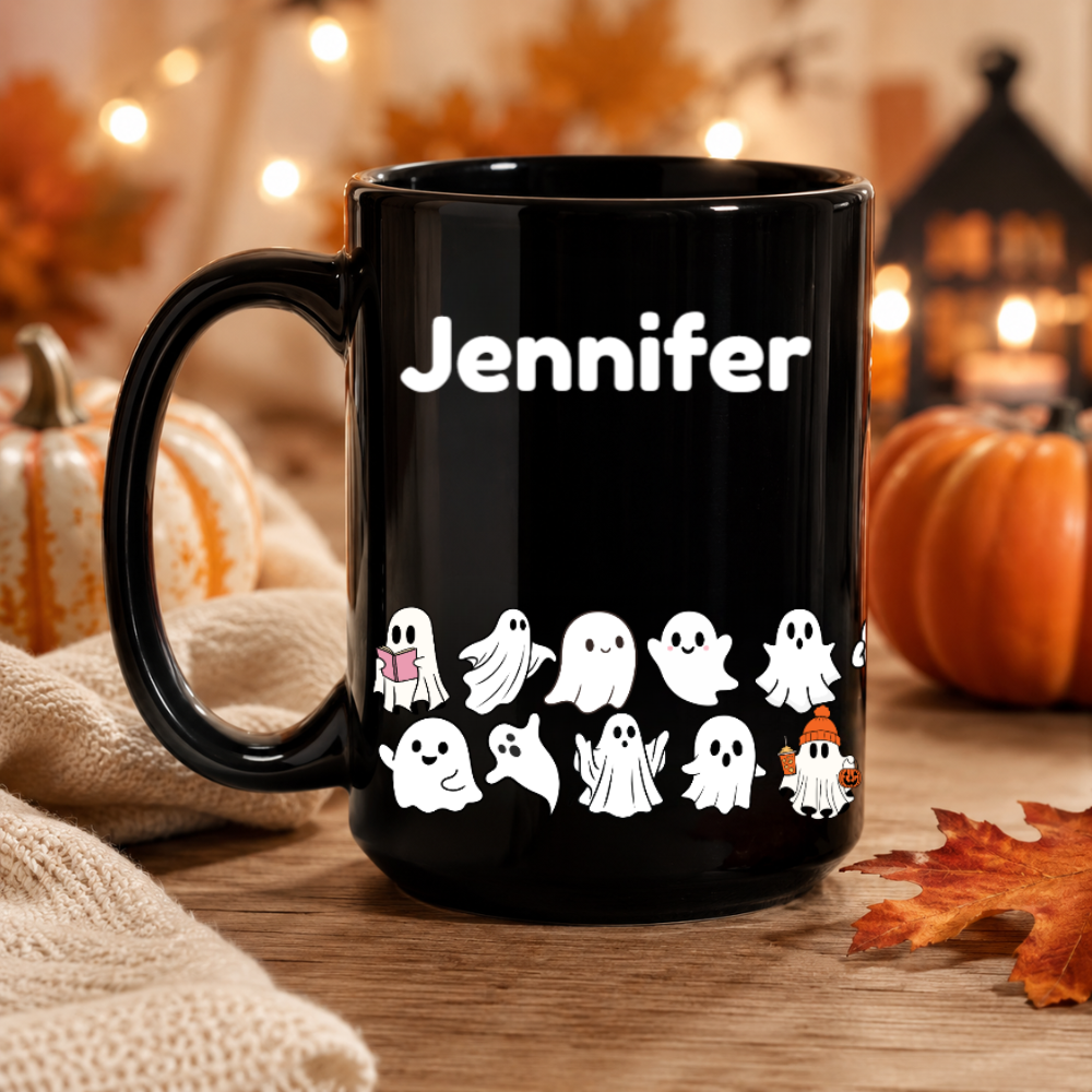 Personalized Cute Ghost Halloween Mug | Custom Name Black Coffee Mug | Spooky Season Gift | 11oz & 15oz Ceramic Mug