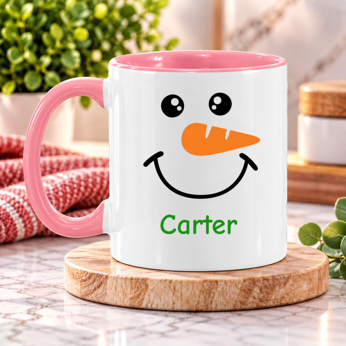Personalized Snowman Face Mug – Custom Name Christmas Coffee Cup