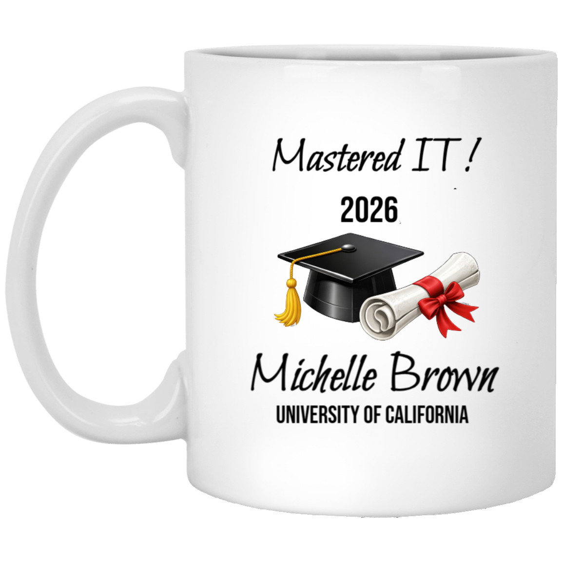 Personalized Graduation Mug – Masters Degree Gift with Name & University | “Mastered It” Custom Coffee Cup | Class of 2026