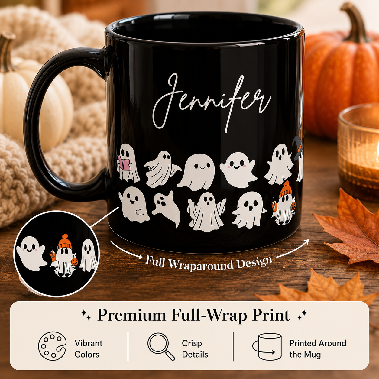 Personalized Cute Ghost Halloween Mug | Custom Name Black Coffee Mug | Spooky Season Gift | 11oz & 15oz Ceramic Mug