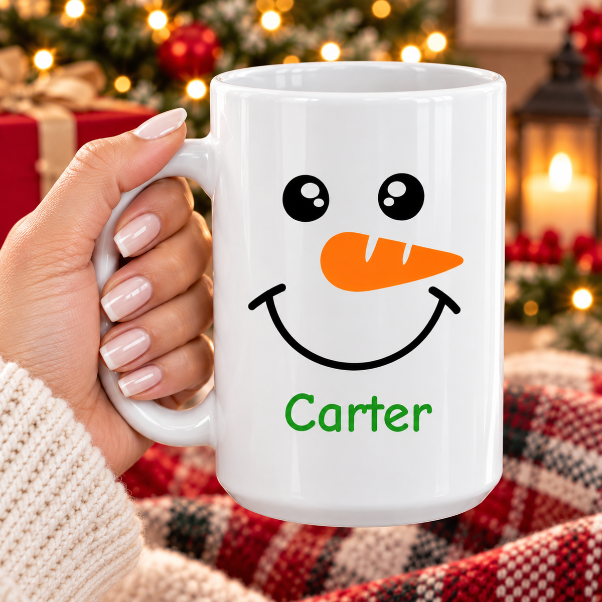 Personalized Snowman Face Mug – Custom Name Christmas Coffee Cup