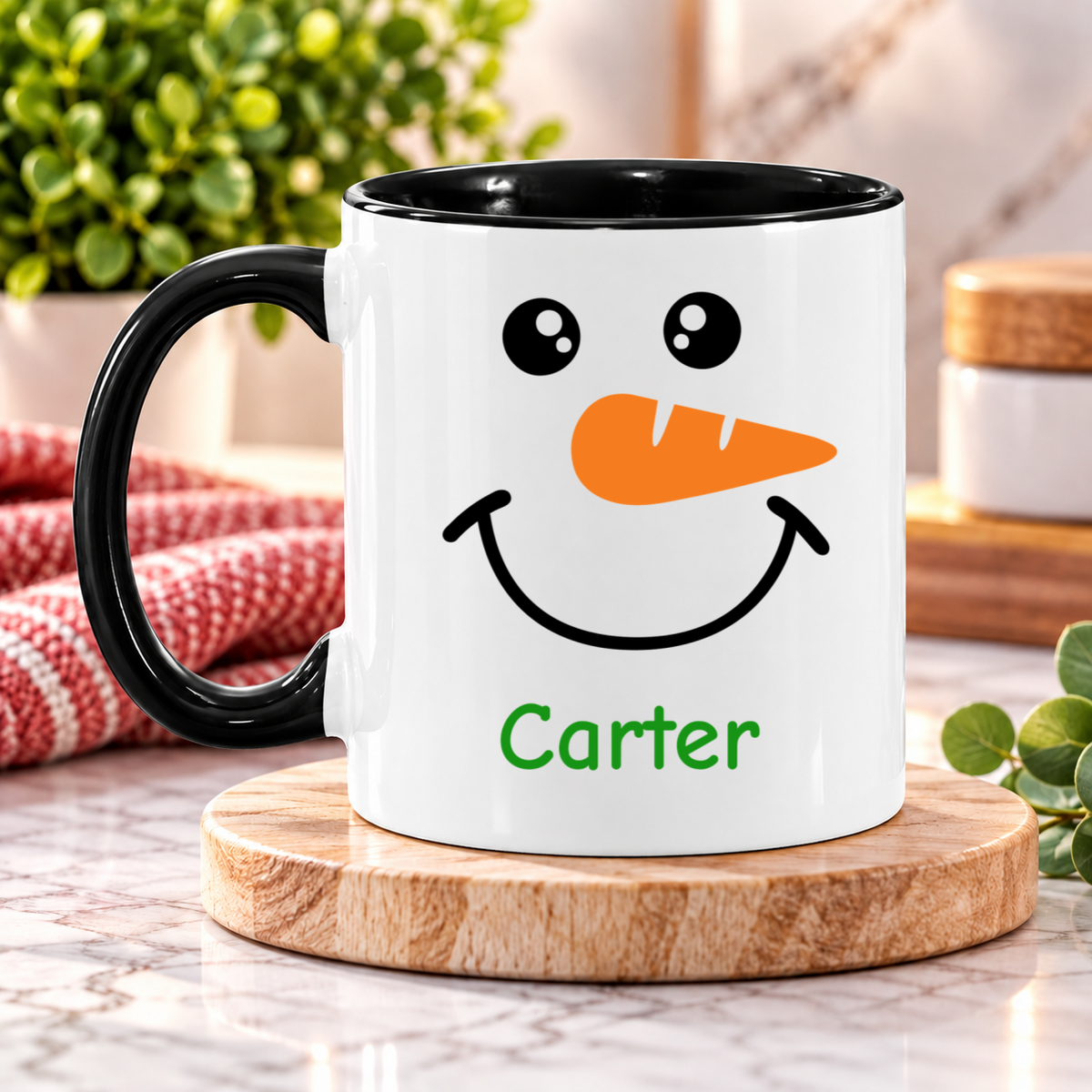 Personalized Snowman Face Mug – Custom Name Christmas Coffee Cup