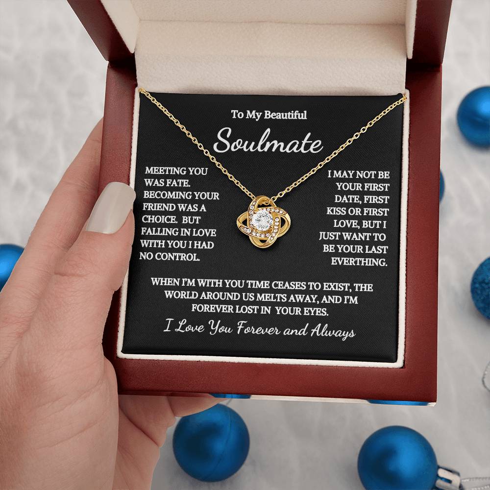 To My Soulmate Time Ceases To Exist Love Knot Necklace White Text