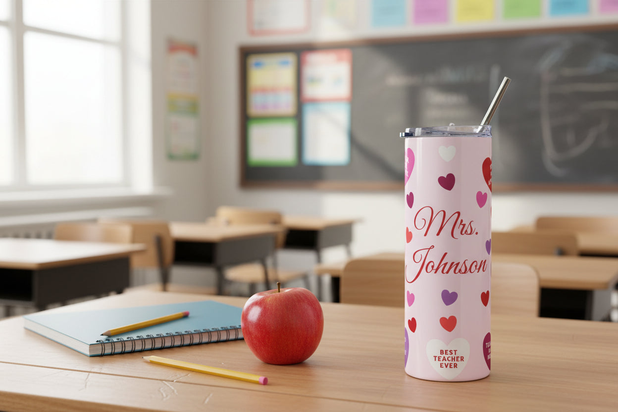 Personalized Valentine Teacher Tumbler – Custom Name 20oz Stainless Steel Gift
