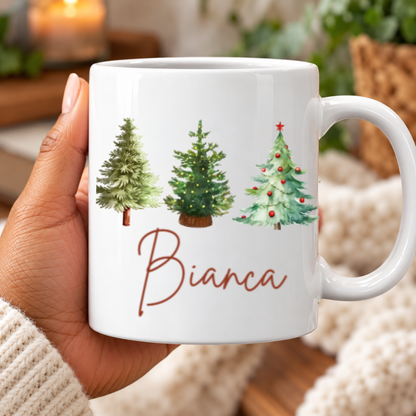 Personalized Christmas Tree Mug – Custom Name Holiday Coffee Cup