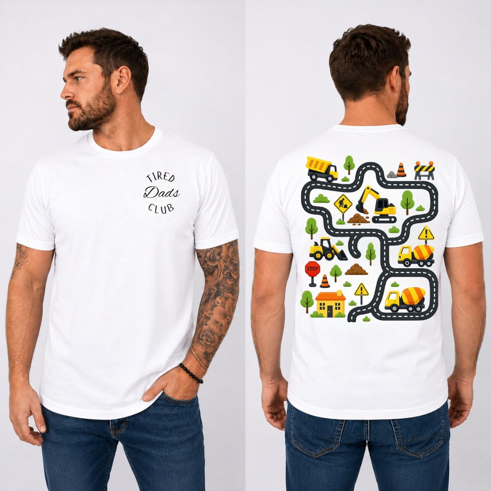 Tired Dads Club Construction Road Play T-Shirt | Interactive Dad & Toddler Shirt | Funny Father's Day Gift for Dad