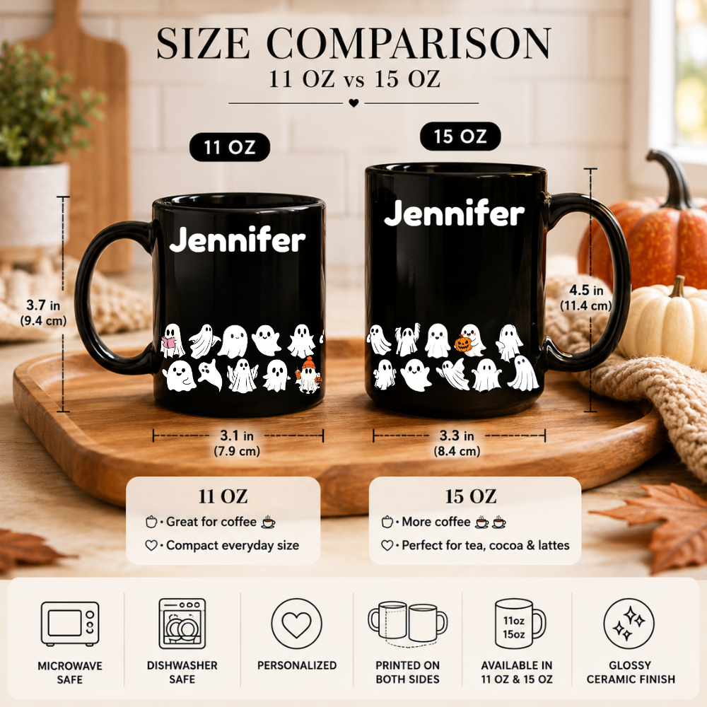 Personalized Cute Ghost Halloween Mug | Custom Name Black Coffee Mug | Spooky Season Gift | 11oz & 15oz Ceramic Mug