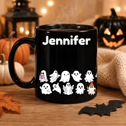 Personalized Cute Ghost Halloween Mug | Custom Name Black Coffee Mug | Spooky Season Gift | 11oz & 15oz Ceramic Mug