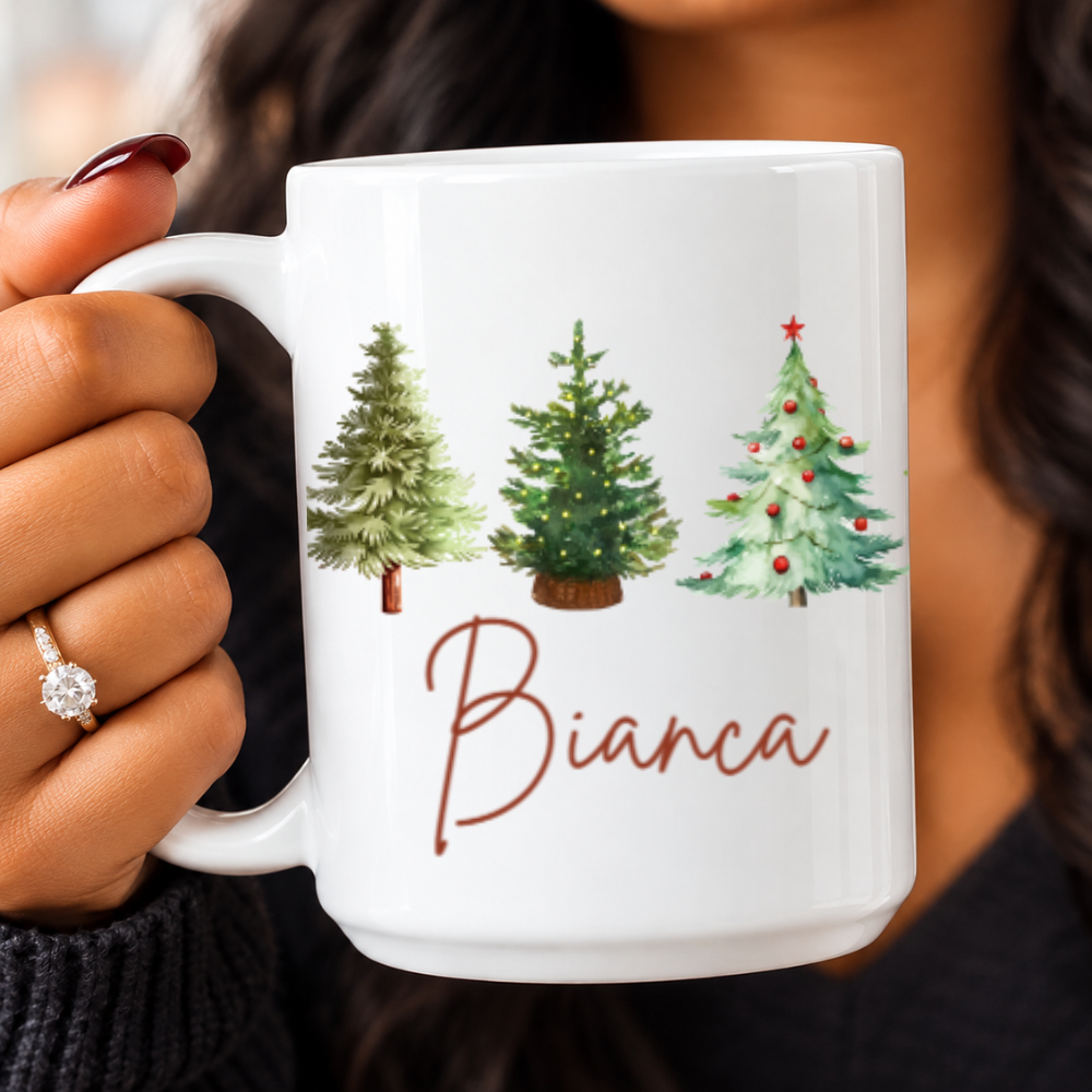 Personalized Christmas Tree Mug – Custom Name Holiday Coffee Cup
