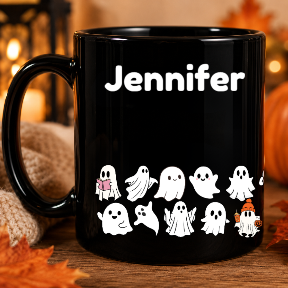 Personalized Cute Ghost Halloween Mug | Custom Name Black Coffee Mug | Spooky Season Gift | 11oz & 15oz Ceramic Mug