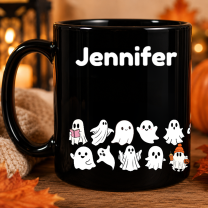 Personalized Cute Ghost Halloween Mug | Custom Name Black Coffee Mug | Spooky Season Gift | 11oz & 15oz Ceramic Mug