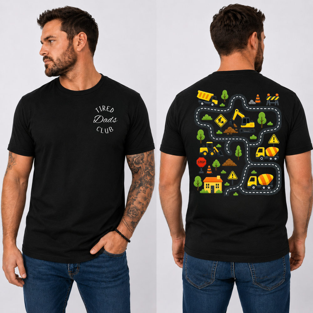 Tired Dads Club Construction Road Play T-Shirt | Interactive Dad & Toddler Shirt | Funny Father's Day Gift for Dad