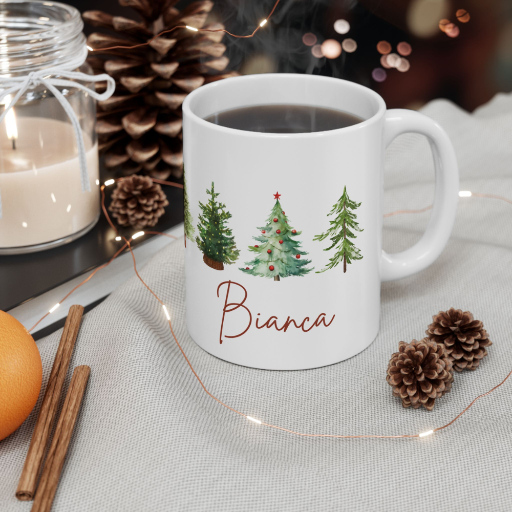 Personalized Christmas Tree Mug – Custom Name Holiday Coffee Cup