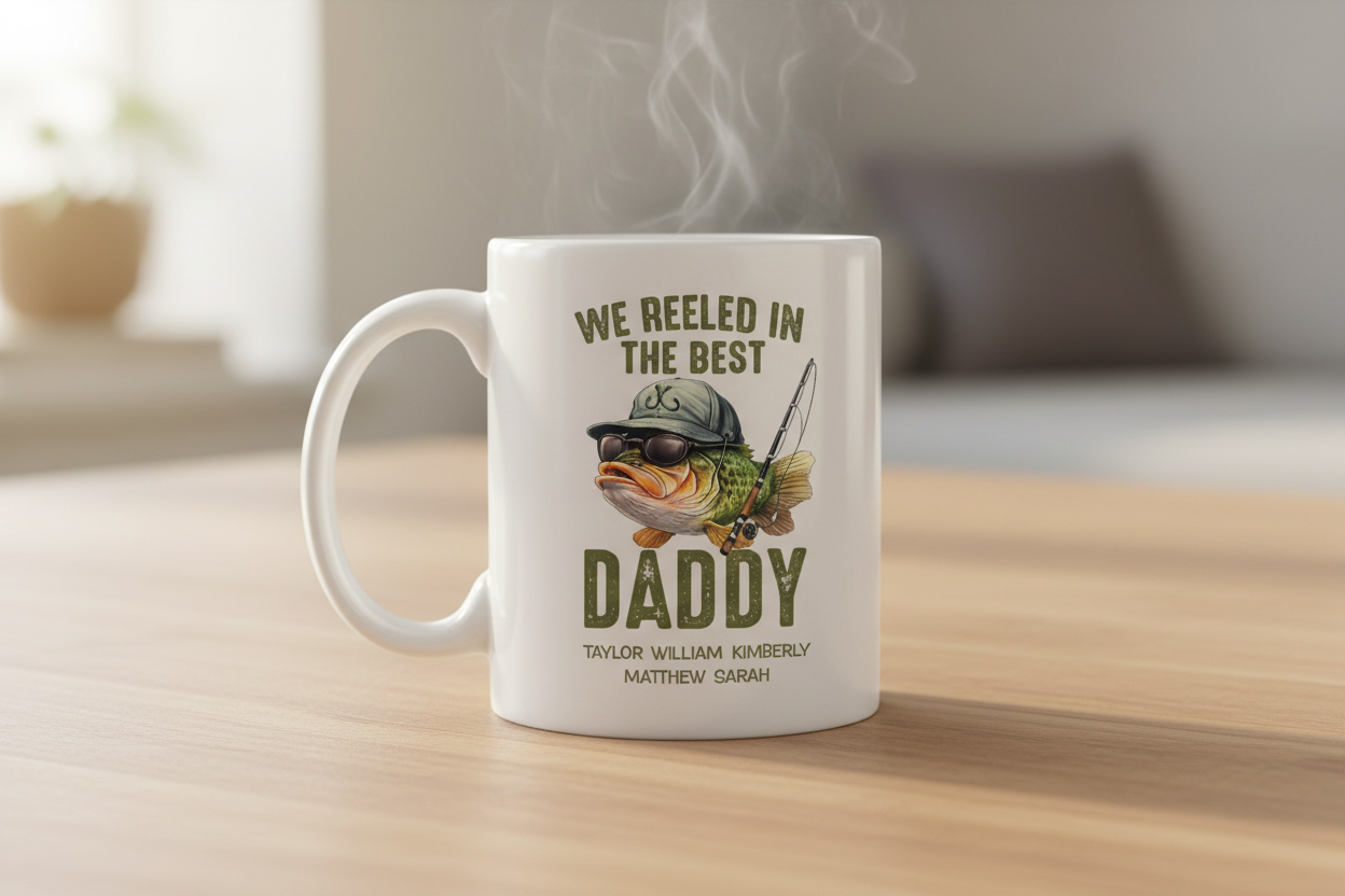 Personalized Fishing Dad Mug – We Reeled In The Best Daddy – Custom Kids Names Coffee Mug | Father's Day Gift for Dad, Daddy, Papa