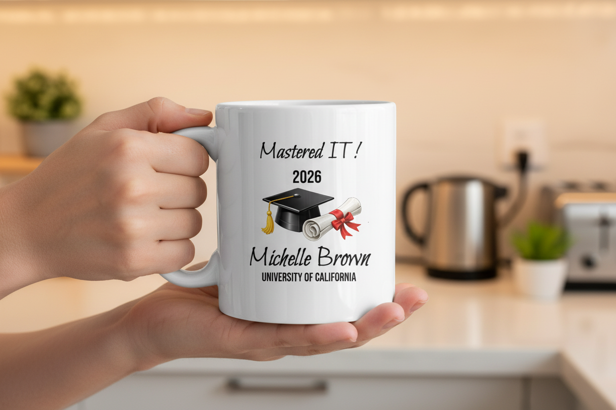 Personalized Graduation Mug – Masters Degree Gift with Name & University | “Mastered It” Custom Coffee Cup | Class of 2026