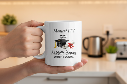 Personalized Graduation Mug – Masters Degree Gift with Name & University | “Mastered It” Custom Coffee Cup | Class of 2026