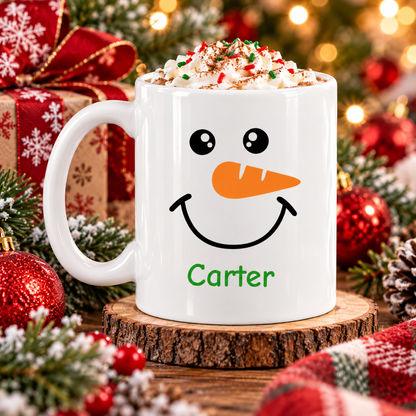 Personalized Snowman Face Mug – Custom Name Christmas Coffee Cup
