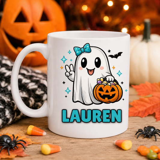 Personalized Halloween Ghost Mug for Kids | Custom Name Ghost Trick-or-Treat Mug | Cute Boy & Girl Halloween Coffee Cup | 11oz & 15oz