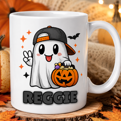 Personalized Halloween Ghost Mug for Kids | Custom Name Ghost Trick-or-Treat Mug | Cute Boy & Girl Halloween Coffee Cup | 11oz & 15oz