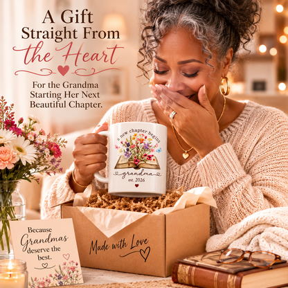 A New Chapter Begins Grandma Mug | Est. Year Personalized Gift | Floral Grandma Coffee Mug | 11oz & 15oz Ceramic Mug
