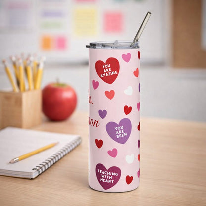 Personalized Valentine Teacher Tumbler – Custom Name 20oz Stainless Steel Gift