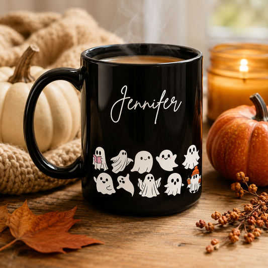 Personalized Cute Ghost Halloween Mug | Custom Name Black Coffee Mug | Spooky Season Gift | 11oz & 15oz Ceramic Mug