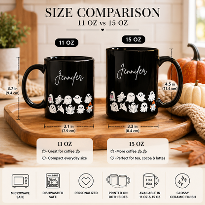 Personalized Cute Ghost Halloween Mug | Custom Name Black Coffee Mug | Spooky Season Gift | 11oz & 15oz Ceramic Mug
