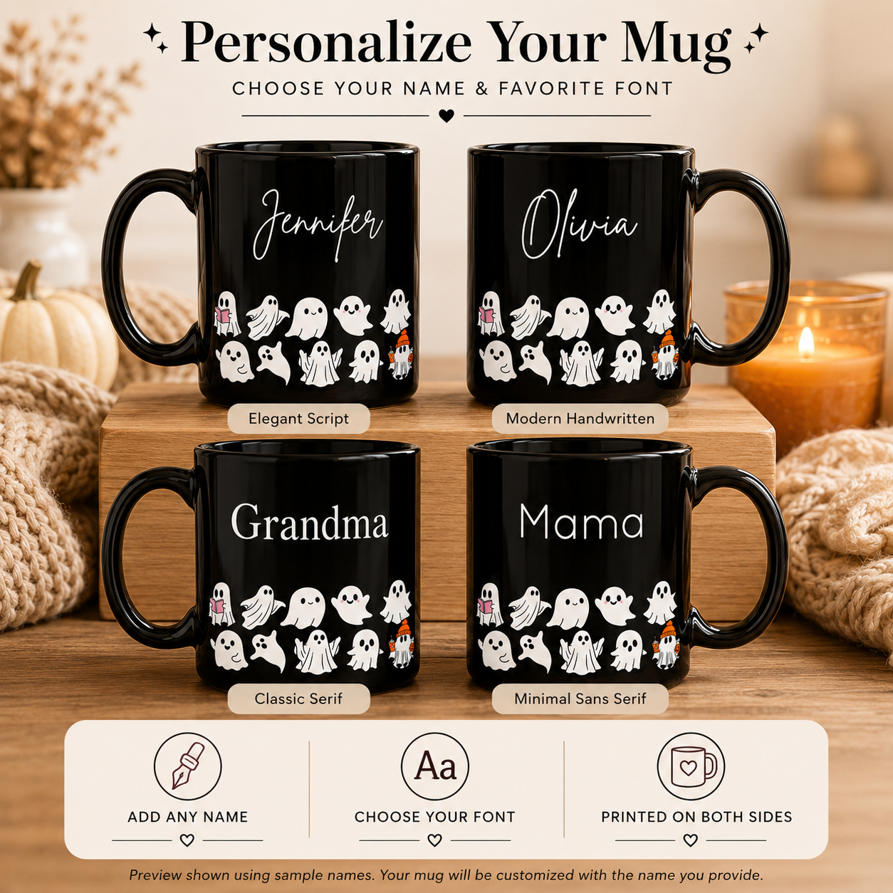 Personalized Cute Ghost Halloween Mug | Custom Name Black Coffee Mug | Spooky Season Gift | 11oz & 15oz Ceramic Mug