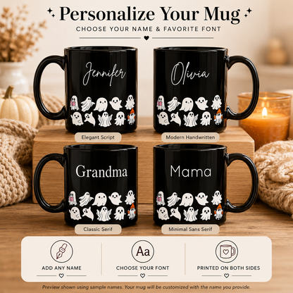Personalized Cute Ghost Halloween Mug | Custom Name Black Coffee Mug | Spooky Season Gift | 11oz & 15oz Ceramic Mug