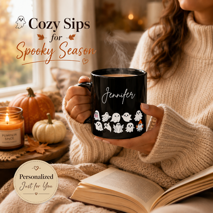 Personalized Cute Ghost Halloween Mug | Custom Name Black Coffee Mug | Spooky Season Gift | 11oz & 15oz Ceramic Mug