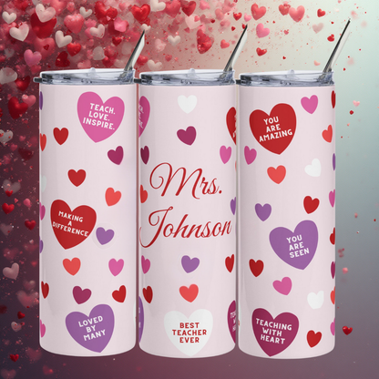Personalized Valentine Teacher Tumbler – Custom Name 20oz Stainless Steel Gift