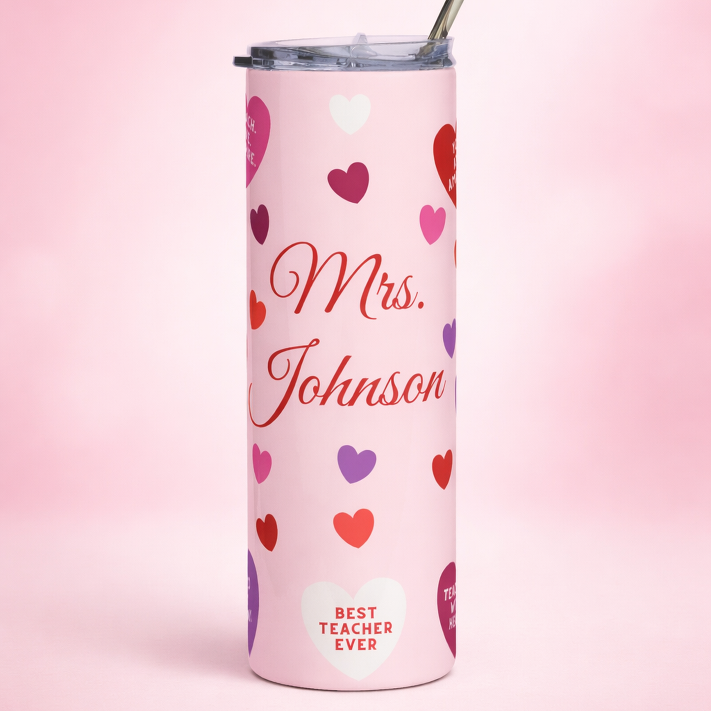 Personalized Valentine Teacher Tumbler – Custom Name 20oz Stainless Steel Gift