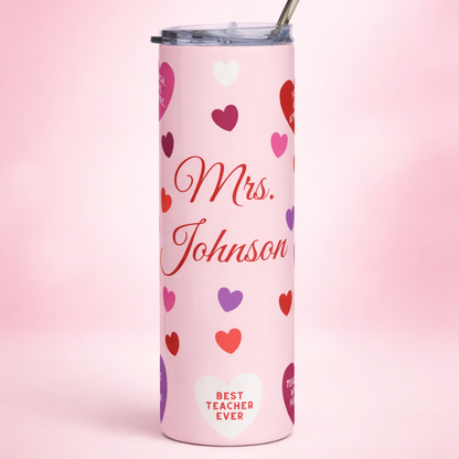 Personalized Valentine Teacher Tumbler – Custom Name 20oz Stainless Steel Gift