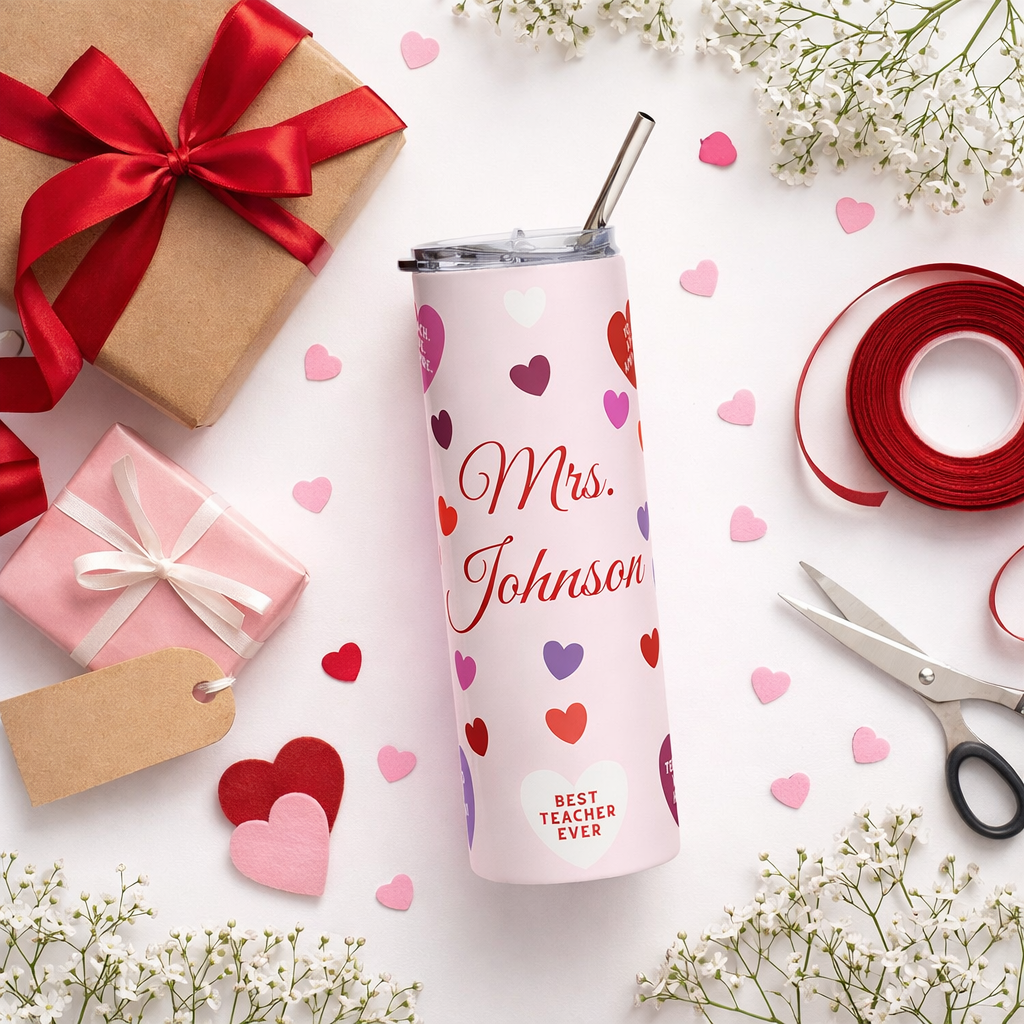 Personalized Valentine Teacher Tumbler – Custom Name 20oz Stainless Steel Gift