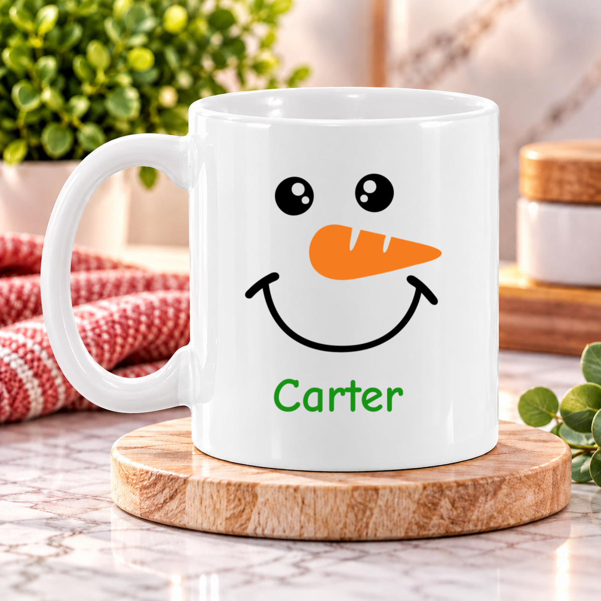 Personalized Snowman Face Mug – Custom Name Christmas Coffee Cup