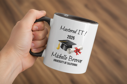Personalized Graduation Mug – Masters Degree Gift with Name & University | “Mastered It” Custom Coffee Cup | Class of 2026