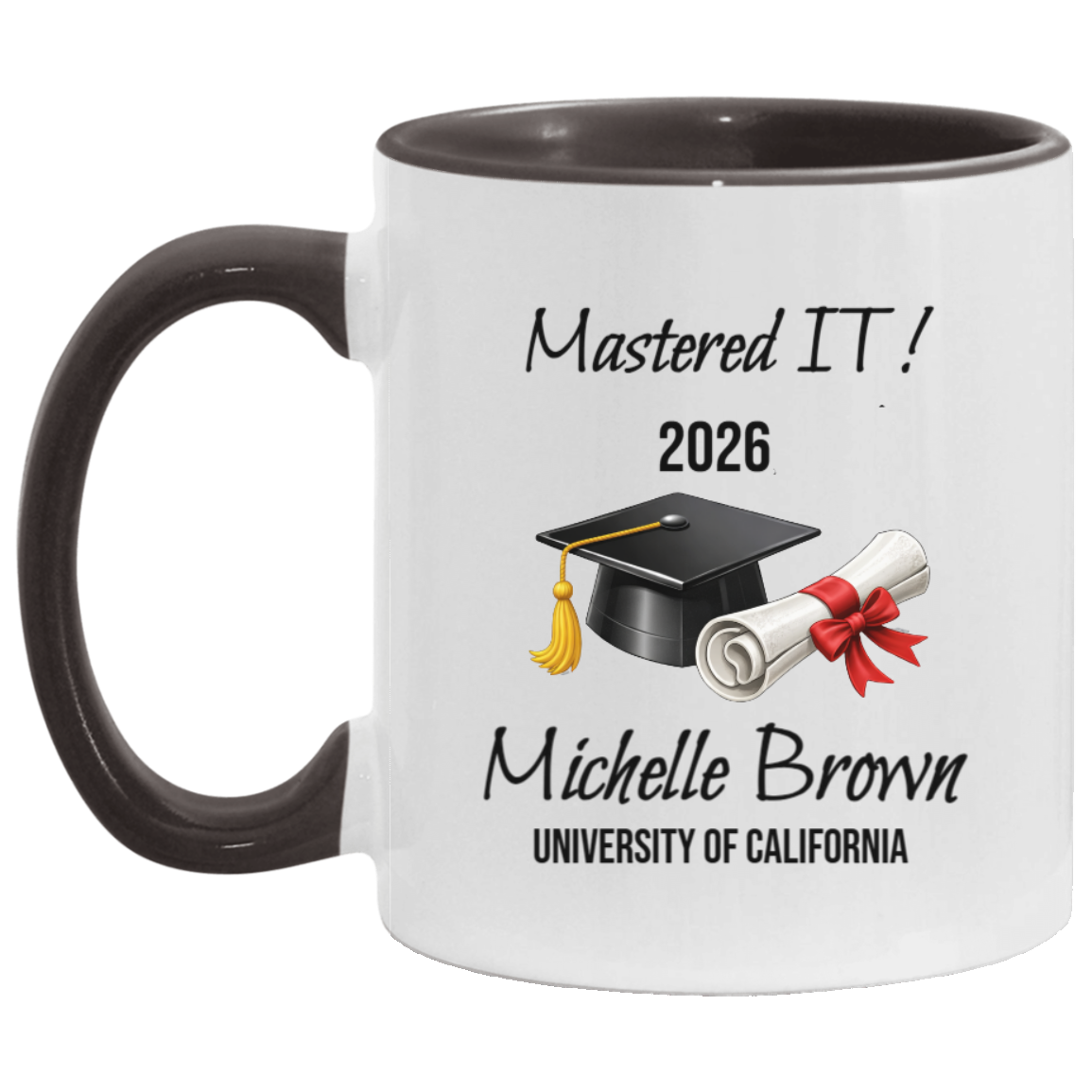 Personalized Graduation Mug – Masters Degree Gift with Name & University | “Mastered It” Custom Coffee Cup | Class of 2026
