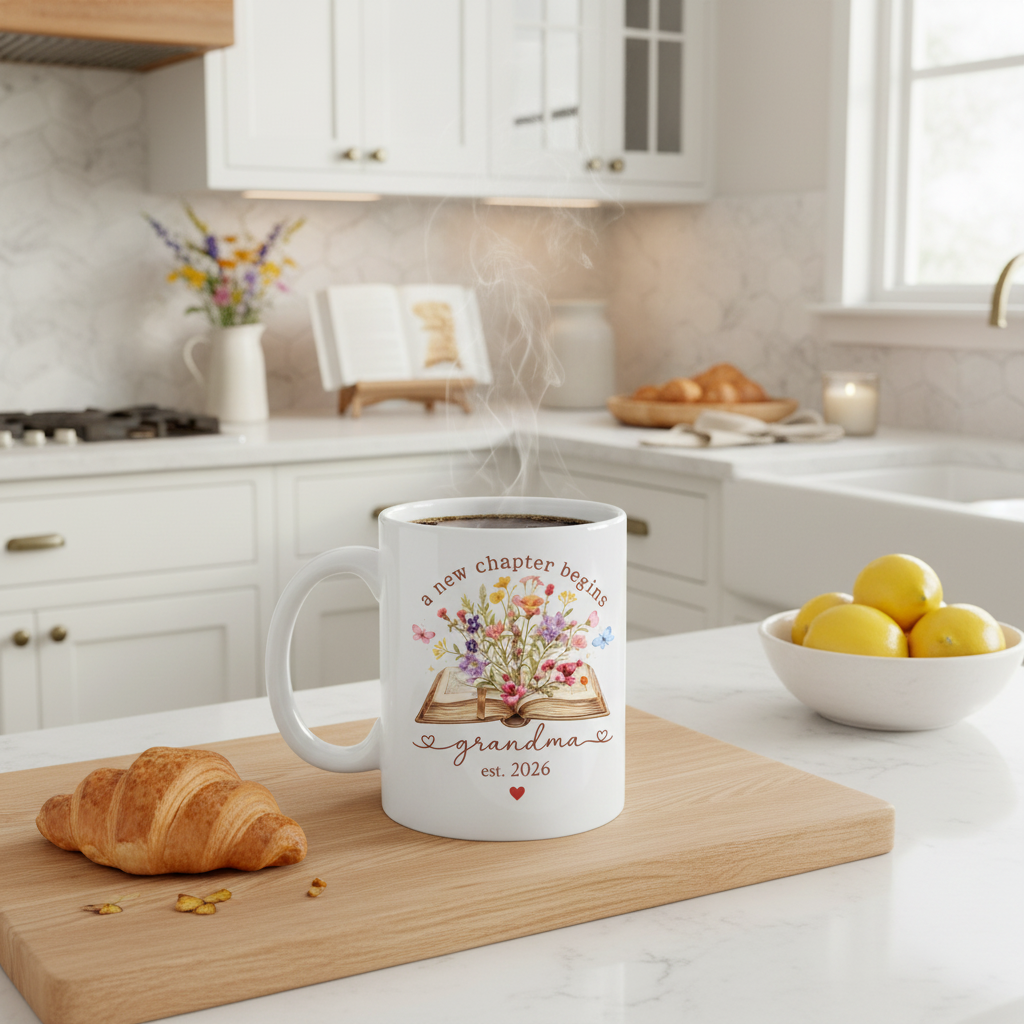 A New Chapter Begins Grandma Mug | Est. Year Personalized Gift | Floral Grandma Coffee Mug | 11oz & 15oz Ceramic Mug