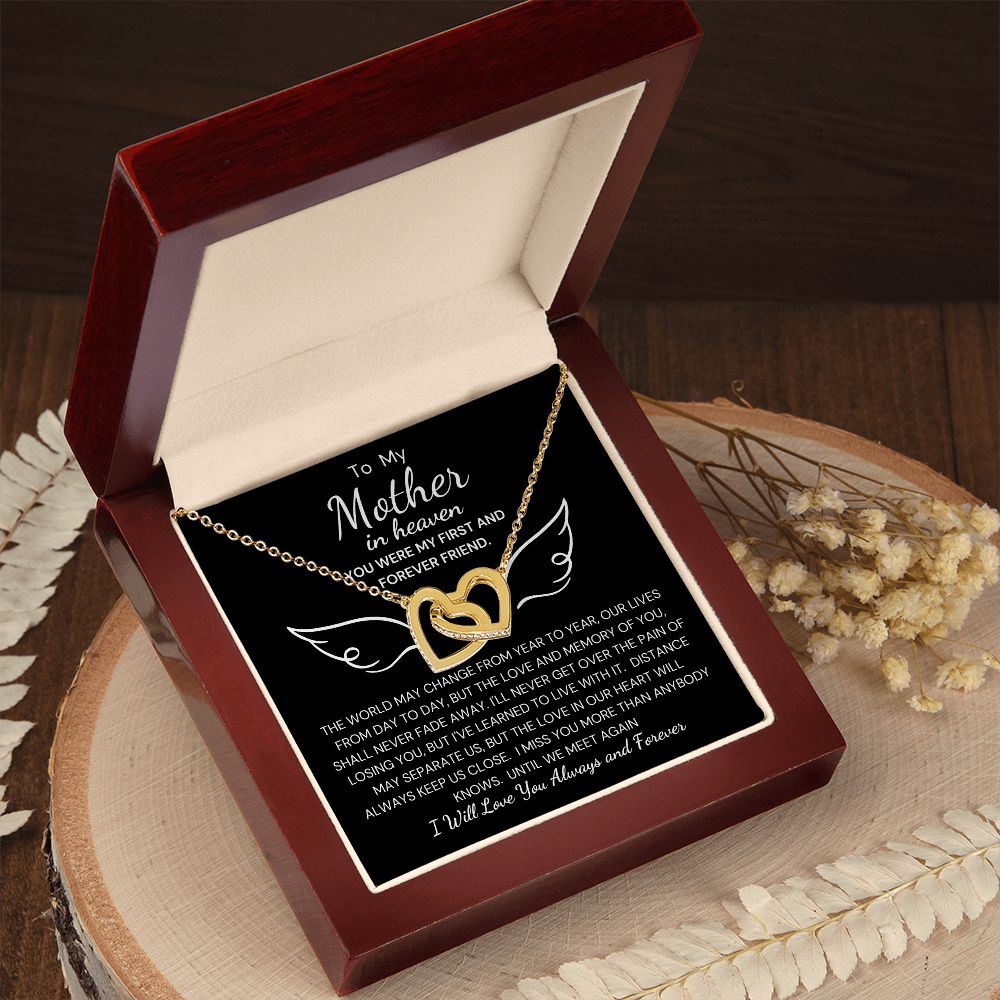 To My Mother In Heaven Interlocking Heart Necklace Black Background